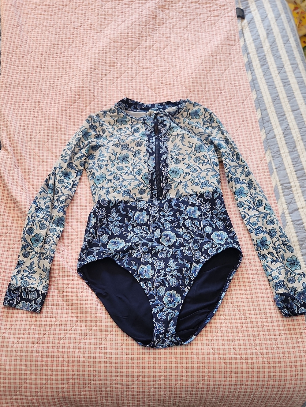 Tommy Bahama Navy Blue Light Blue White Floral Long-Sleeve One-Piece Swimsuit